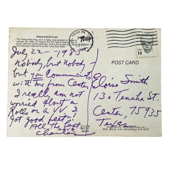 Texas Vintage Postcard State Flag Lone Star u Non Topographical Standard 1985 - Picture 2 of 3